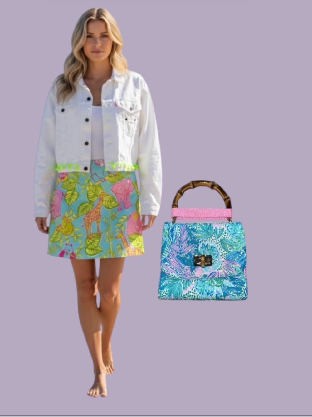 Lilly Pulitzer Blue Pink Green Bamboo-Handle Tote